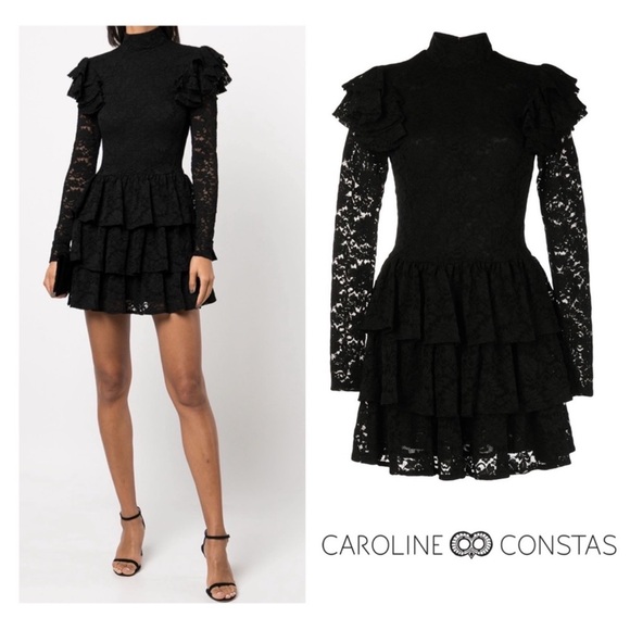 New! Caroline Constas Emily Lace Ruffle Mini Dress Long Sleeve in Black - Picture 4 of 12